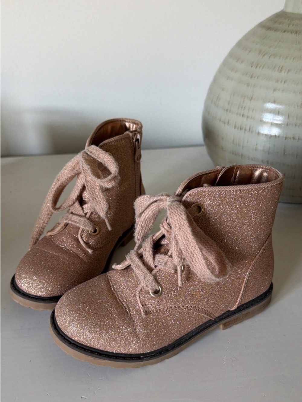 Glittery Rose Gold Zipper Lace-Up Boots